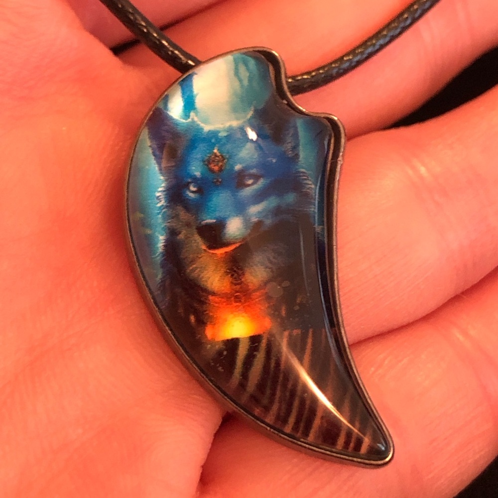 Mystical Blue and Gold Wolf Pendant Necklace